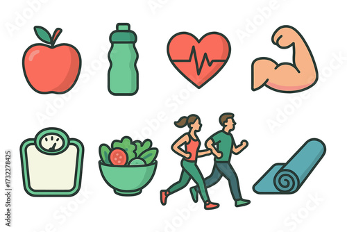 Healthy lifestyle icon set. Fitness, wellness and sport symbols. Nutrition, diet and exercise concepts. Apple, salad, running, yoga, strong arm, heart beat, scale vector pack.