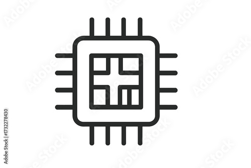 CPU processor microchip line icon. Vector illustration of a computer hardware component. Editable stroke pictogram for tech design. Symbol of technology, AI, and data processing.