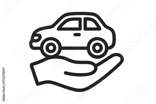 Car insurance concept. Hand holding auto for vehicle protection, safety, security. Vector icon for car sales, rental, sharing, ownership. Automobile care service symbol.