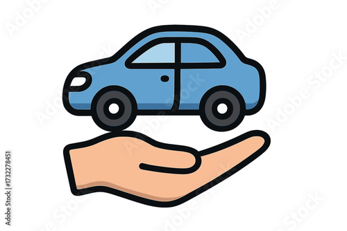 Hand holding car icon. Metaphor for car insurance, vehicle protection, safety, and security. Concept for auto sales, rental, sharing service, or car care. Vector illustration.