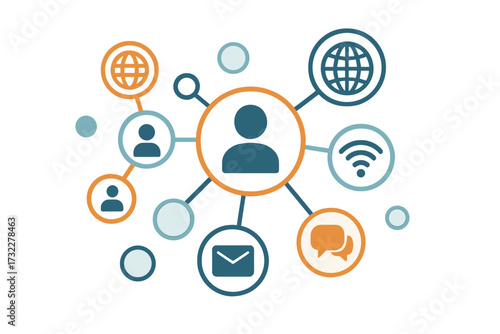 Social media connection vector concept. Digital communication and global network. Abstract background with icons for internet, technology, marketing, community. User data infographic.