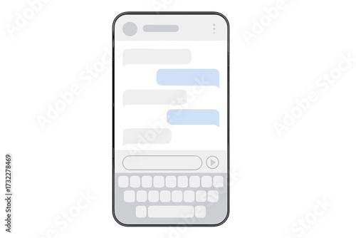 Vector chat app template on mobile phone screen. Social network messenger window with dialogue bubbles and keyboard. Communication and messaging UI concept. Blank message mockup.