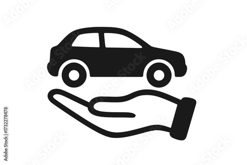 Car in hand icon. Concept of car insurance, protection, care, and safety. Vehicle service, rental, or sale symbol. Automobile dealership or sharing economy pictogram. Vector logo.