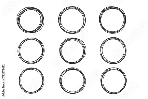 Hand drawn circle line sketch set. Big collection of circular scribble doodle round frames for message or logo. Vector illustration of abstract messy ink shapes and borders.