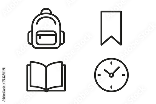 Education line icon set for school and university. Concepts for study, learning, knowledge. Vector symbols with editable stroke. Backpack, open book, clock, bookmark icons.