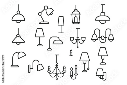 Lamp and light fixture line icon set. Thin outline vector collection of various lighting elements. Chandelier, desk lamp, floor lamp, wall sconce. Editable stroke icons.