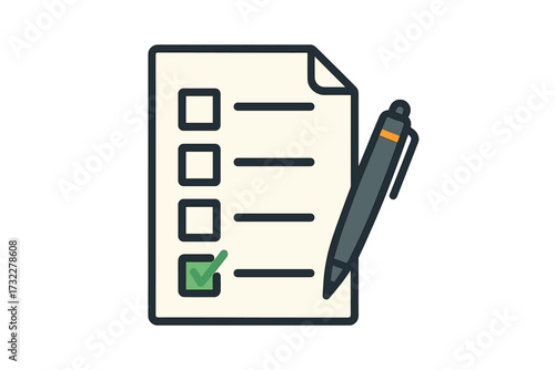 Survey form icon. Checklist with pen for feedback, poll, or exam. Concept of good results, passed test, or completed task. Questionnaire or interview assessment vector.