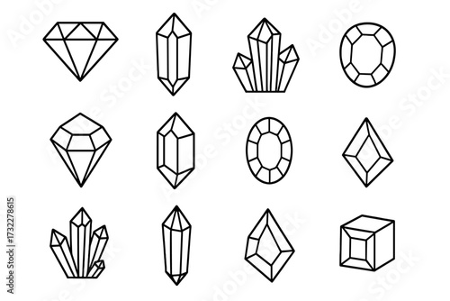 Diamond and crystal line icon set. Gemstone, precious stone and mineral outline collection. Vector graphics of various jewel shapes and cuts for logo or jewelry design.