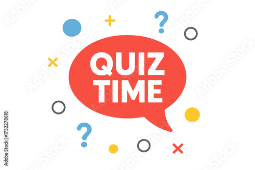 Quiz time announcement speech bubble. Vector icon for trivia night, game show, online test. Educational exam, knowledge contest, business survey. Question answer session banner.