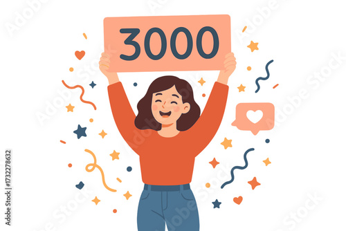 Thank you 3000 followers. 3k subscribers celebration banner. Blogger or influencer success. Social media post, greeting card for reaching a milestone. Vector web template.