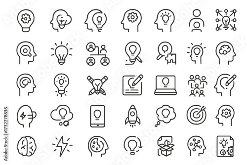 Set of 40 creativity and idea line icons. Symbols for brainstorming, innovation, problem-solving, creative thinking, mind, brain, lightbulb, strategy, and inspiration. Vector.