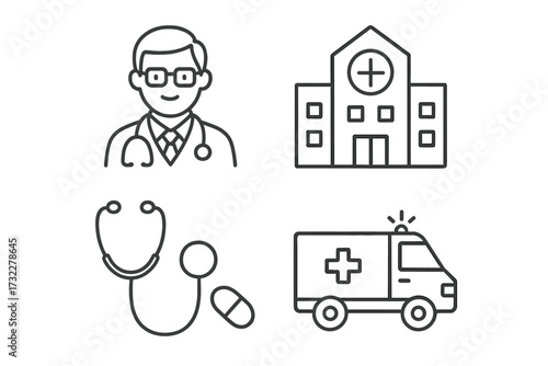 Medical and healthcare line icon set. Doctor, hospital, ambulance, stethoscope, and pill. Thin line vector symbols for emergency, clinic, pharmacy, and medicine concepts.