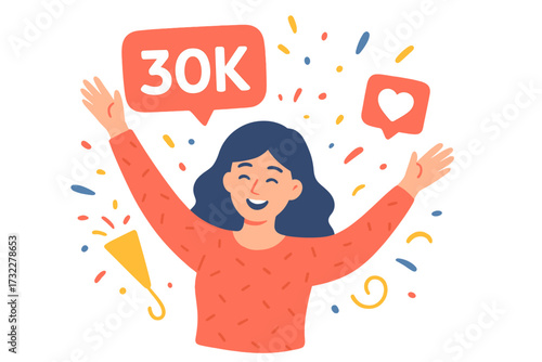 Thank you 30k followers. Blogger celebration for social media milestone. Influencer with 30000 subscribers. Congratulation card vector for network fans and likes.