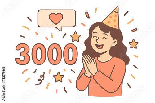 Thank you 3000 followers. 3k subscribers celebration card. Social media post for milestone achievement. Blogger success, community growth. Follower appreciation vector banner.