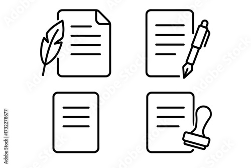 Document and writing icon set with quill, pen, and stamp. Simple line art collection for concepts like contract signing, legal agreements, notary, or historical writing. Editable stroke vector.
