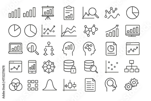 Data analysis line icon set. Big data, analytics and statistics symbols. Graph, chart, and diagram for business intelligence, market research report and marketing presentation.