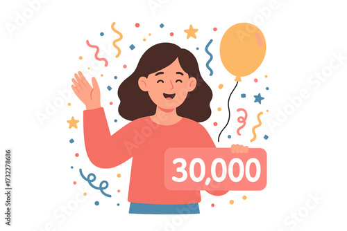 Thank you 30000 followers. Blogger celebrates 30k subscribers. Social media milestone achievement. Happy influencer with balloon and confetti. Web greeting card for fans.