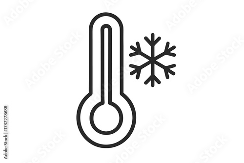 Cold weather icon. Thermometer and snowflake symbol. Winter temperature. Freezing point concept. Frosty season. Meteorology forecast. Climate science vector illustration. Line art.