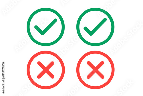 Check mark and cross icon set. Green tick and red X symbol in circle. Yes or no vote. Right and wrong choice sign. Approved and rejected button for web. Flat vector graphic.