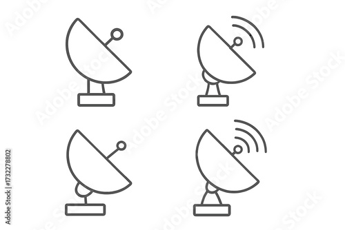 Satellite dish line icon set. Communication antenna for signal transmission and broadcast. Wireless technology pictogram. Telecommunication network radar vector illustration. Editable stroke.