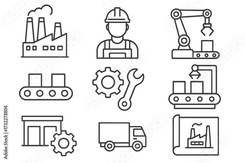 Factory & manufacturing outline icon set. Industrial production, automation, assembly line, logistics, robotics & worker symbols. Editable stroke vector for web & infographics.