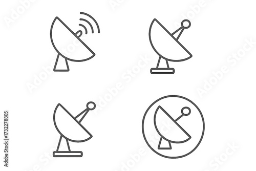 Satellite dish communication antenna line icon pack. Radar, signal receiver vector symbols. Telecommunication technology, network broadcast concept for app and web design. Editable stroke.