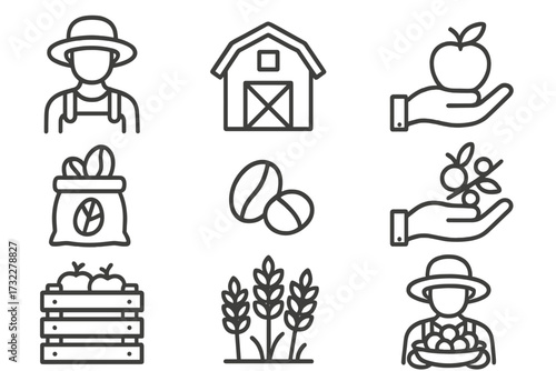 Farming and agriculture line icon set. Farmer, barn, harvest concepts. Vector symbols for organic food, coffee, apple, wheat. Editable stroke pictograms for local farm market.