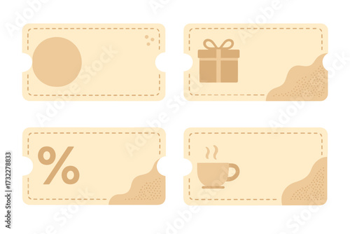 Set of vector coupon templates. Gift card voucher design elements for shopping and business. Promo code for discounts on food, drinks, and coffee. Marketing graphic illustration.