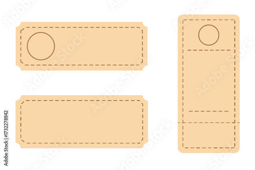 Vector set of blank coupon and gift tag templates. Empty voucher, ticket, and door hanger mockups with dashed line borders for shopping sales, promotions, and business marketing.
