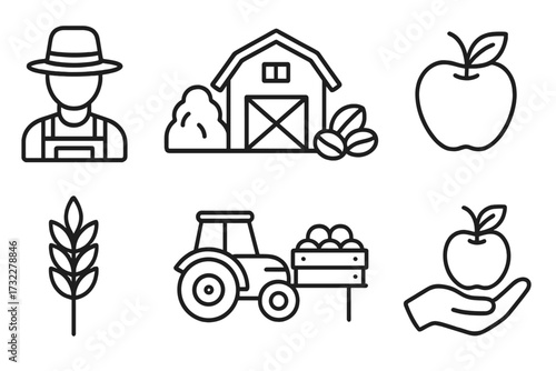 Farming and agriculture outline icon set. Farmer, tractor, barn, and harvest symbols. Vector icons of apple, coffee beans, and wheat for local food and cultivation concepts.