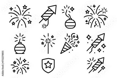 Firework line icon set. Celebration, party, pyrotechnics outline symbols. Vector rocket, sparkler, bomb, festive explosion icons for New Year, 4th of July. Editable stroke.
