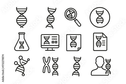 DNA line icon set. Genetics, biotechnology concepts. Gene, chromosome, helix, research, analysis. Science, medicine vector icons. Editable stroke. Genome, heredity, lab pictogram.