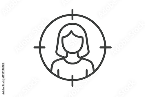 Target audience icon for marketing and customer segmentation. Headhunting and recruitment concept. Human resources symbol. Buyer persona, user, woman in a crosshair. Vector