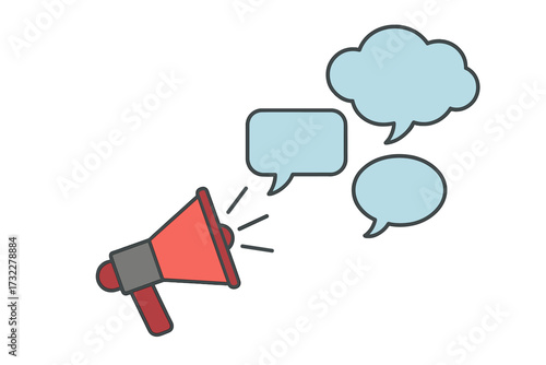 Megaphone loudspeaker with empty speech bubbles. Communication, announcement, and marketing concept. Promotion, advertising, and public message design element. Flat vector icon.