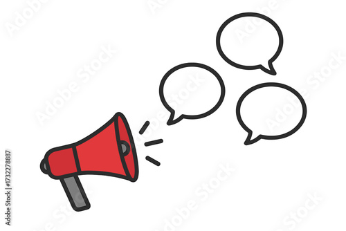Megaphone with speech bubbles. Communication, announcement, and marketing concept. Loudspeaker for promotion, news, and advertising. Bullhorn icon sharing a message.