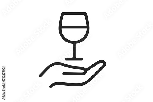 Simple wine glass on hand icon. Offering, serving, sommelier concept. Vector for wine tasting, bar menu, restaurant, celebration. Line art graphic for beverage, alcohol, party.
