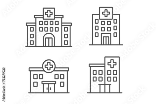 Hospital building outline icon set. Clinic, medical center, and emergency care symbols. Simple line vector illustration for healthcare, web, and app design. Editable stroke.