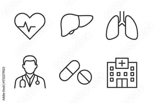 Medical and healthcare line icon set. Vector icons of doctor, hospital, organs. Liver, lungs, heart cardiogram, pills, and clinic building symbols for web and mobile apps.