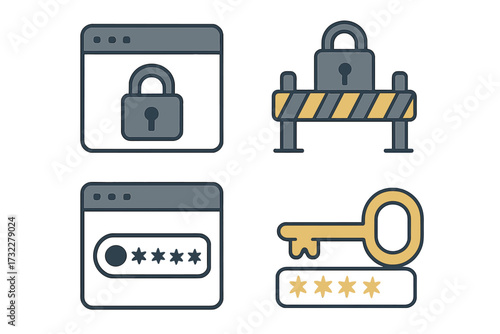 Website security icon set. Vector illustration of blocked web page, limited access barrier, password login form, and key. Concept for data protection, online privacy, authentication.