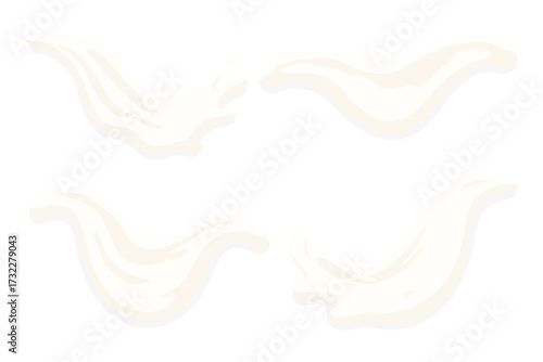 Yogurt splash collection. Creamy milk liquid swirl. White cream or ice cream flow. Soft texture pouring melt splash. Flowing milky background. Vector illustration dairy product.