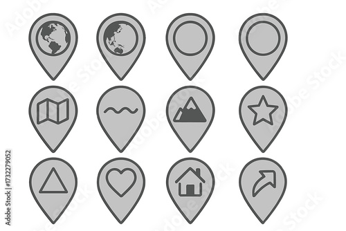 Map pin icon set. Location pointer collection. GPS navigation symbols. Destination markers for web, travel, app. Globe, home, mountain, heart, star vector pictograms.