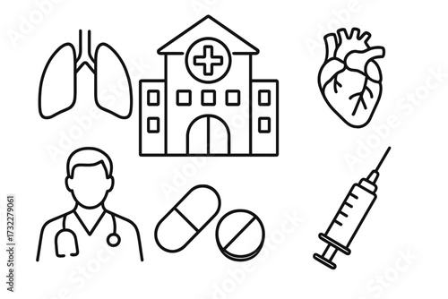 Medical and healthcare icon set. Simple linear illustrations of a hospital, clinic, doctor, organs, heart, lungs, pills, and syringe. Vector symbols for web and app design.
