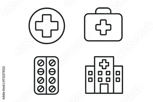 Medical and healthcare line icon set. Hospital building, first aid kit, pharmacy pills, and emergency cross symbols. Simple vector pictogram collection with editable stroke.