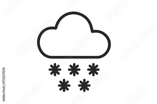 Snow weather icon. Winter snowfall and cloud symbol. Minimalist line art for forecast app UI. Cold snowstorm pictogram. Snowflake vector illustration for web and graphic design.