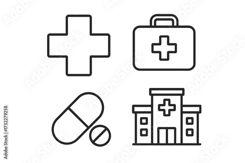 Medical and healthcare outline icon set. Hospital, first aid kit, medicine pills, cross symbol. Simple linear vector graphics for clinic, pharmacy, web, and print. Editable stroke.