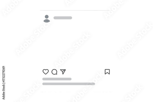 Social media post template vector mockup. Instagram-style photo frame for app interface. User profile feed with like, comment, and share icons. UI design for communication.