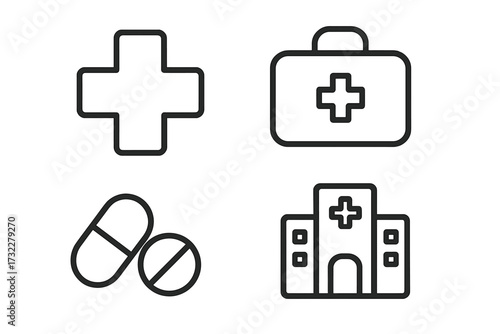 Medical and healthcare outline icon set. Vector symbols for hospital, first aid kit, pills, and pharmacy. Simple line art signs for web design, app, and infographics.