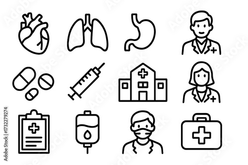 Medical icon set. Healthcare line symbols. Vector of doctor, hospital, clinic, organ, heart, lungs, stomach, pills, syringe, IV drip, first aid kit for web, app, infographic.