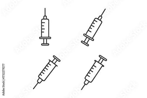 Syringe line icon collection. Medical injection and vaccination vector symbols. Simple outline graphic for healthcare, hospital, and medicine concepts. Editable stroke icons set.
