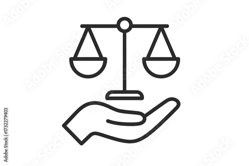 Hand holding scales of justice. Symbol of law, equality, and fairness. Legal balance and ethical choice concept. Court, rights, and decision icon. Minimal vector illustration.